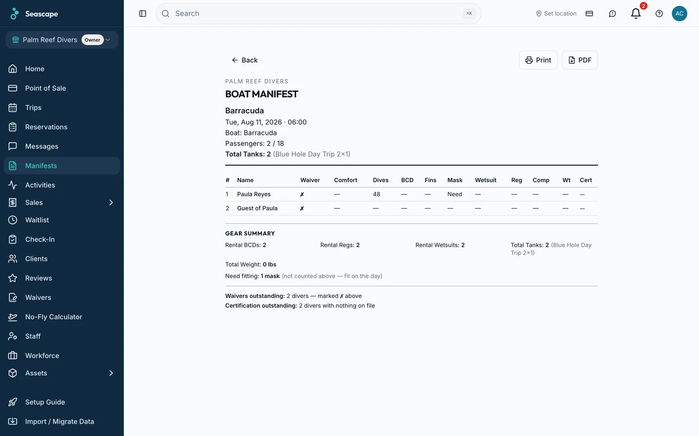 A boat manifest for one departure: every diver, their certification and gear, ready to print or hand to the captain.