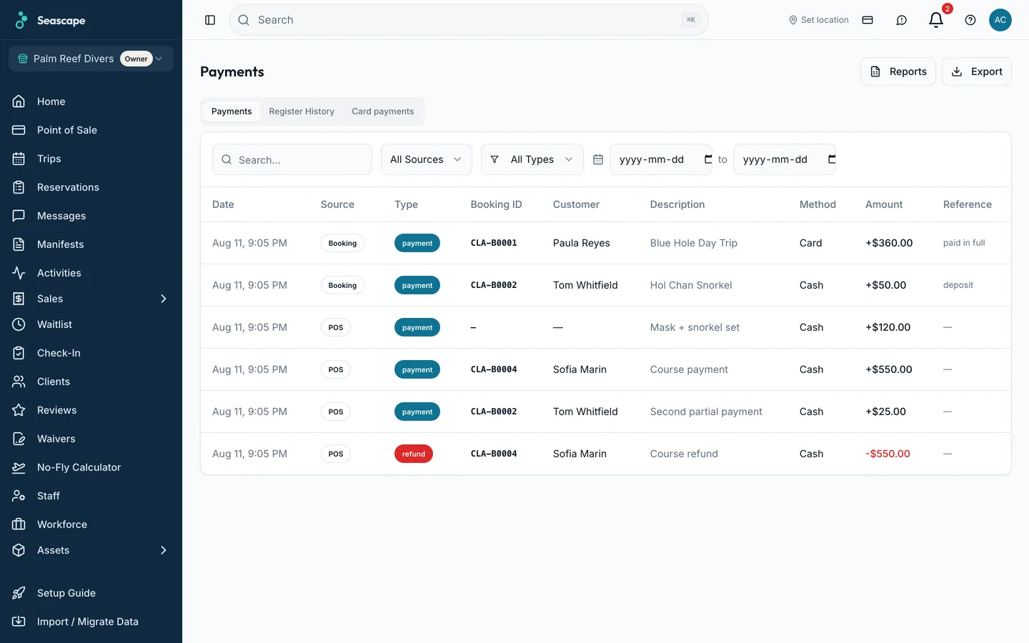 The payments list: card, cash and deposit payments against each booking, with what is outstanding.